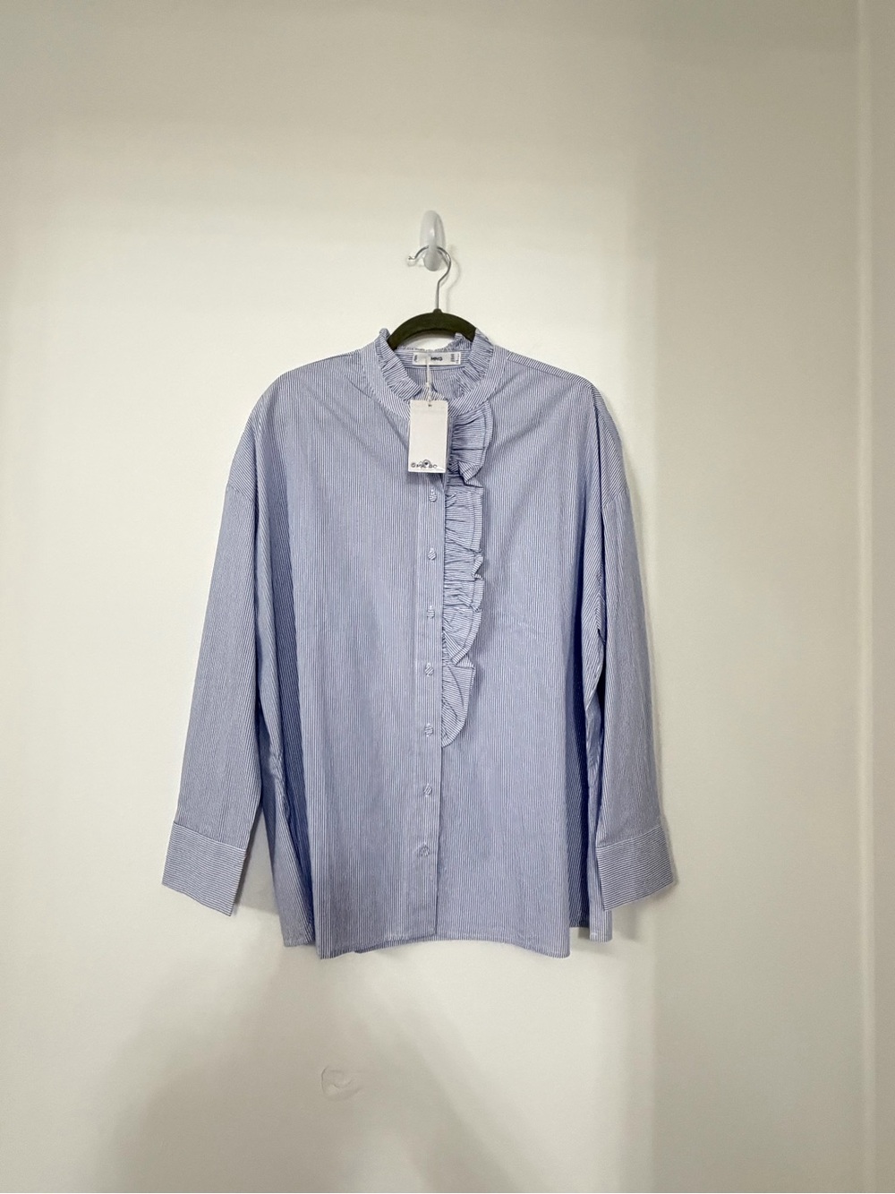 Mango Light Blue Ruffle-Front Button-Down Blouse